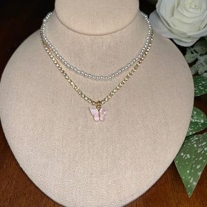 Pearl and Rhinestone Pale Pink Butterfly Layering Necklaces.